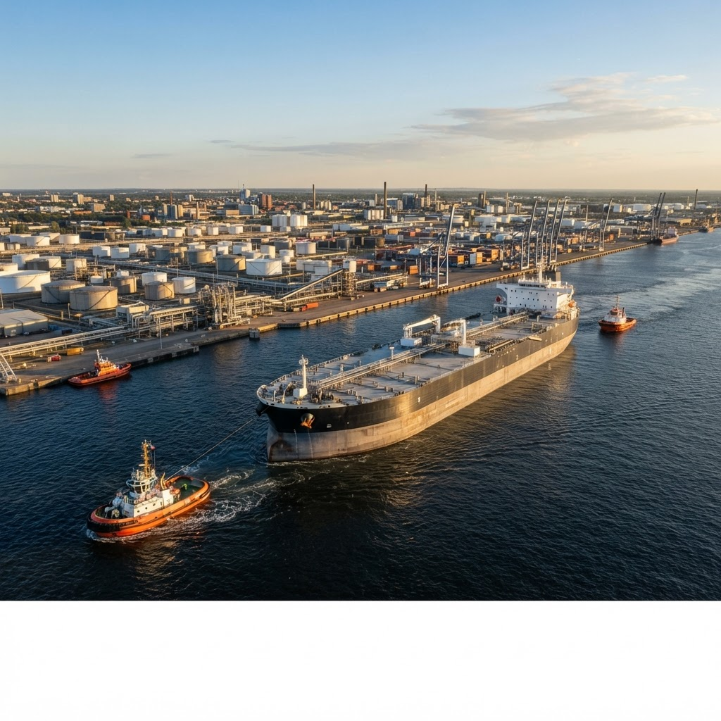 Energy tanker approaching an industrial port with coordinated marine support